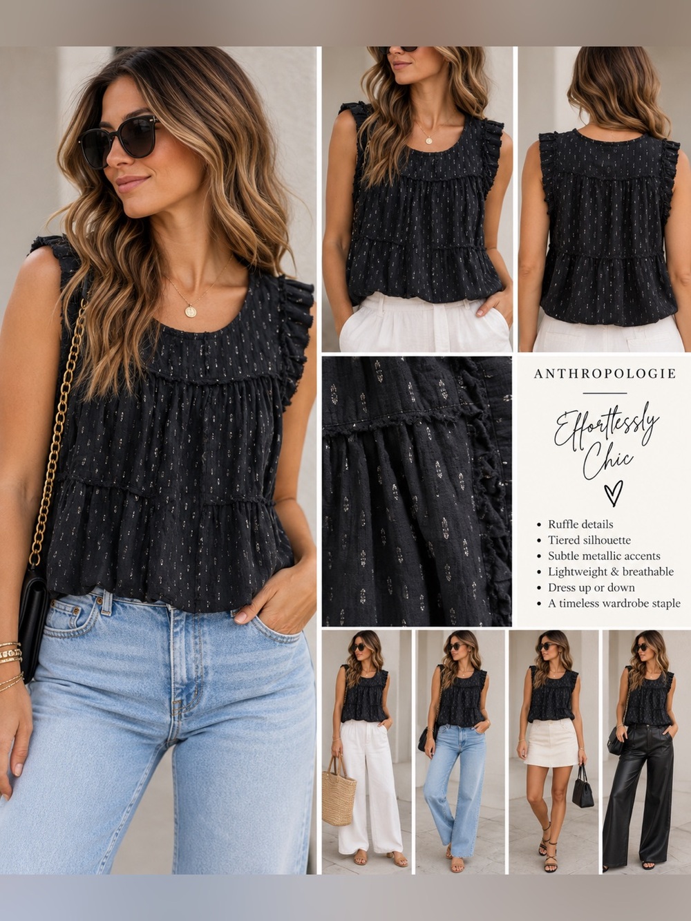 Anthropologie Black Metallic Ruffle Tiered Sleeveless Blouse Size Small Boho